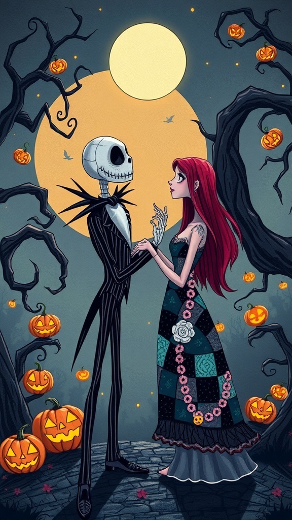 Jack Skellington and Sally from The Nightmare Before Christmas under a moonlit sky in Halloween Town.